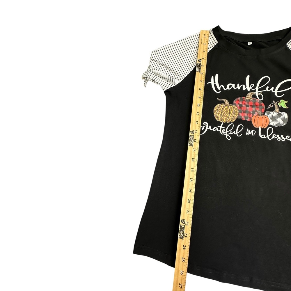Unbranded Raglan Top Women Black Thanksgiving Pumpkin Mixed Print Sleeve Graphic - Picture 10 of 13